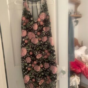 Guess Black Midi Dress with Pink Floral Embroidery